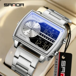 SANDA 6163 Men's Quartz Electronic Dual Screen Watch Waterproof Countdown Quartz Steel/Leather/Rubber Band Men's Watches
