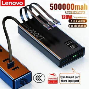 Lenovo 120W Power Bank 500000mAh High-capacity Fast Charging  With Portable 4-in-1 Cables Portable Charger For Iphone Xiaomi