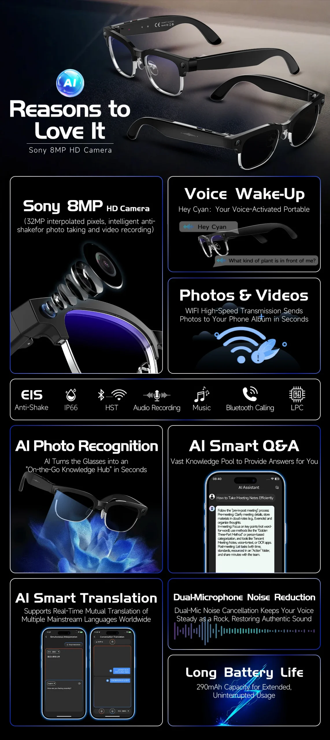 AI Smart Translation Glasses W630 Recognition 8MP HD Camera Video Audio Recording Outdoor Sunglasses BT Calling Wearable Headset - Image 9