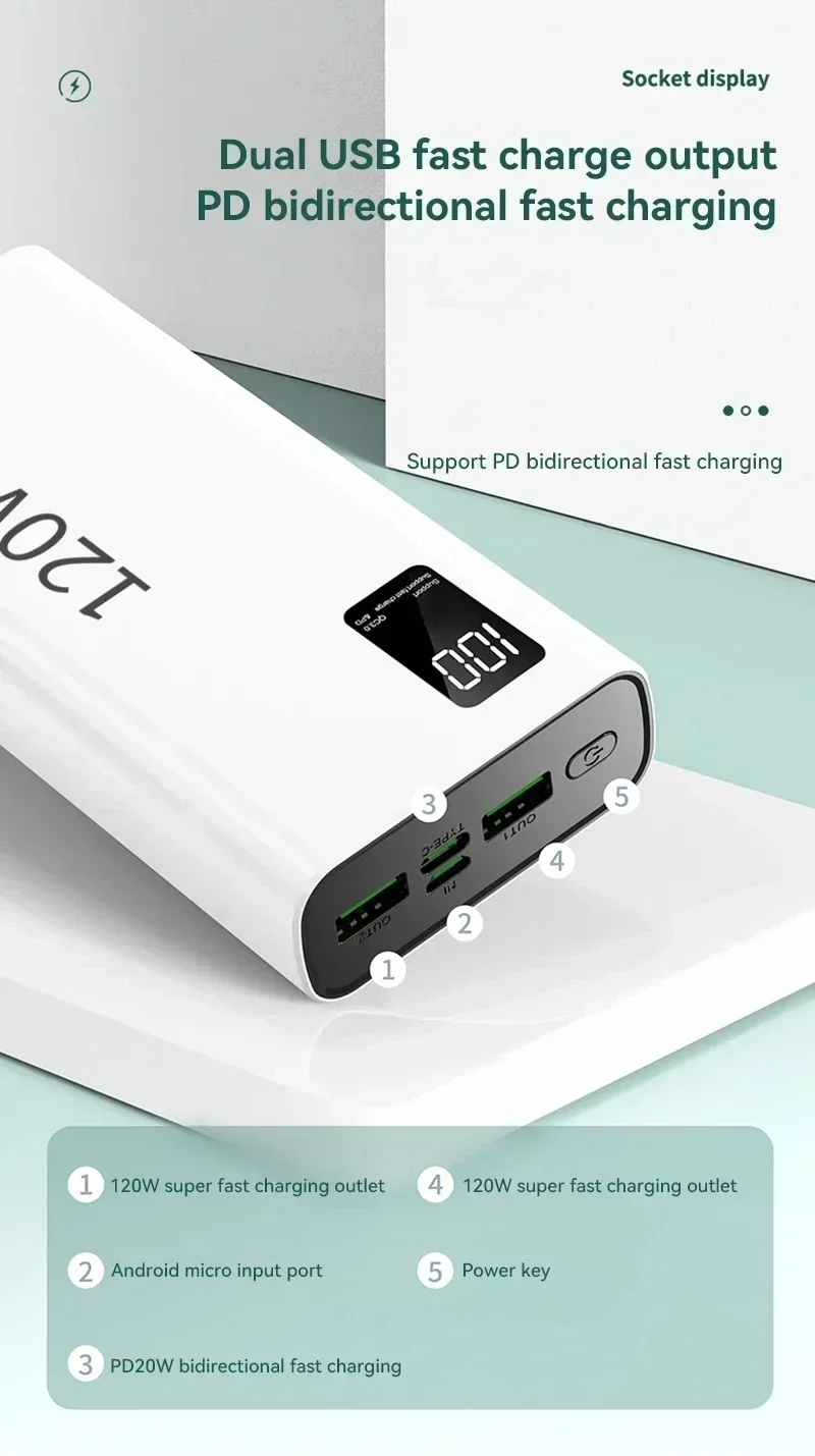 Lenovo 50000mAh 120w Super Fast Charging External Battery Ultra Capacity PowerBank Portable LED Digital Display For IPhone - Image 22