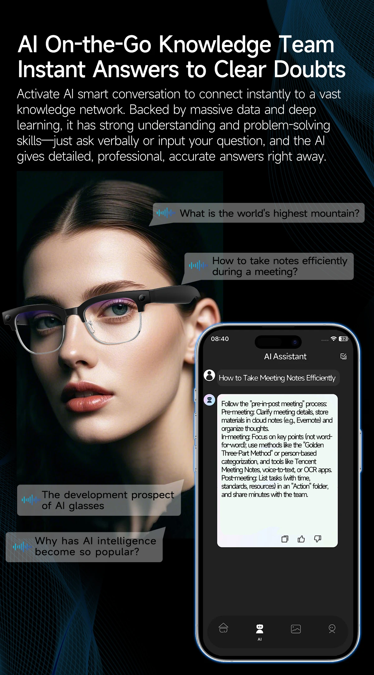 AI Smart Translation Glasses W630 Recognition 8MP HD Camera Video Audio Recording Outdoor Sunglasses BT Calling Wearable Headset - Image 18